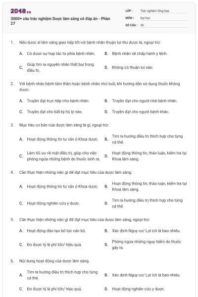 3000+ câu trắc nghiệm Dược lâm sàng có đáp án - Phần 27