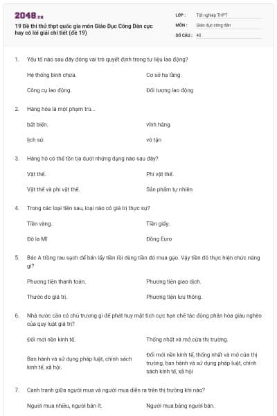 19 Đề thi thử thpt quốc gia môn Giáo Dục Công Dân cực hay có lời giải chi tiết (đề 19)