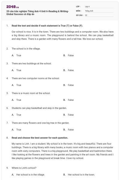 20 câu trắc nghiệm Tiếng Anh 4 Unit 6-Reading & Writing- Global Success có đáp án