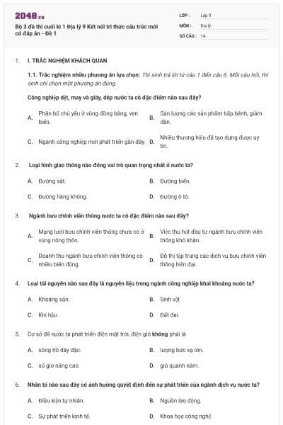 Bộ 3 đề thi cuối kì 1 Địa lý 9 Kết nối tri thức cấu trúc mới có đáp án - Đề 1