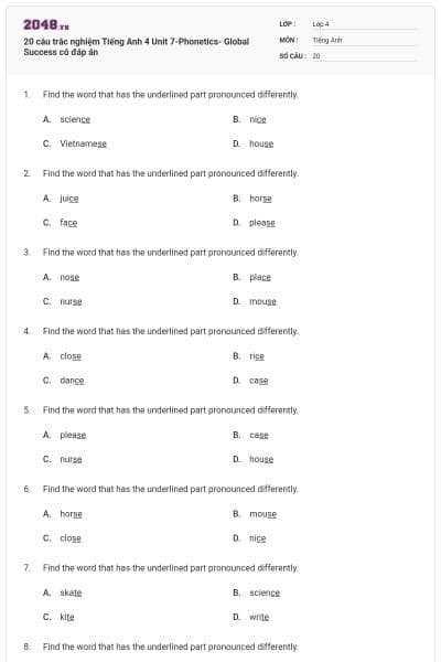 20 câu trắc nghiệm Tiếng Anh 4 Unit 7-Phonetics- Global Success có đáp án