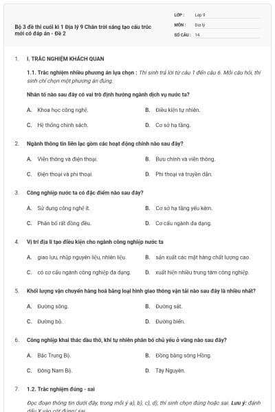 Bộ 3 đề thi cuối kì 1 Địa lý 9 Chân trời sáng tạo cấu trúc mới có đáp án - Đề 2