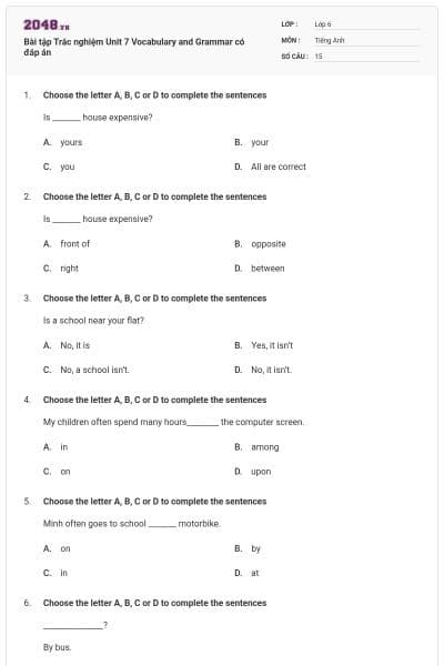 Bài tập Trắc nghiệm Unit 7 Vocabulary and Grammar có đáp án