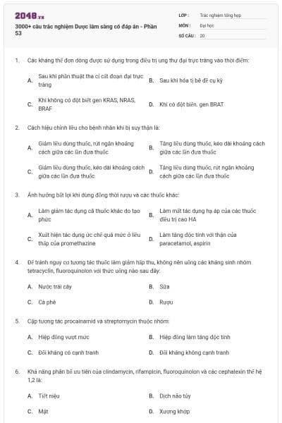 3000+ câu trắc nghiệm Dược lâm sàng có đáp án - Phần 53