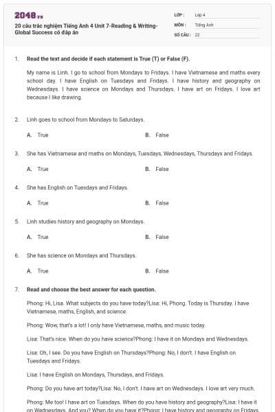 20 câu trắc nghiệm Tiếng Anh 4 Unit 7-Reading & Writing- Global Success có đáp án