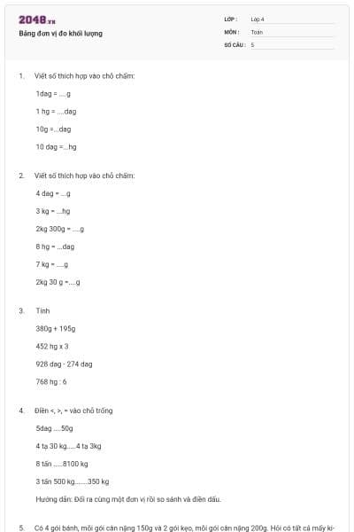 Bảng đơn vị đo khối lượng