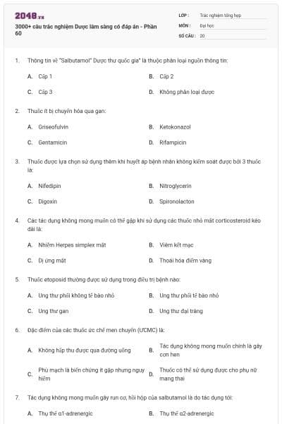3000+ câu trắc nghiệm Dược lâm sàng có đáp án - Phần 60