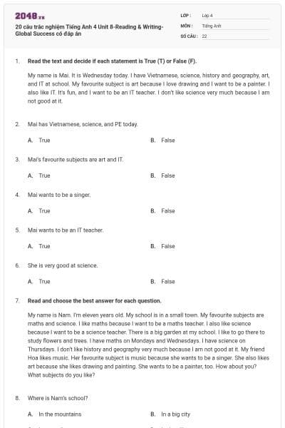 20 câu trắc nghiệm Tiếng Anh 4 Unit 8-Reading & Writing- Global Success có đáp án