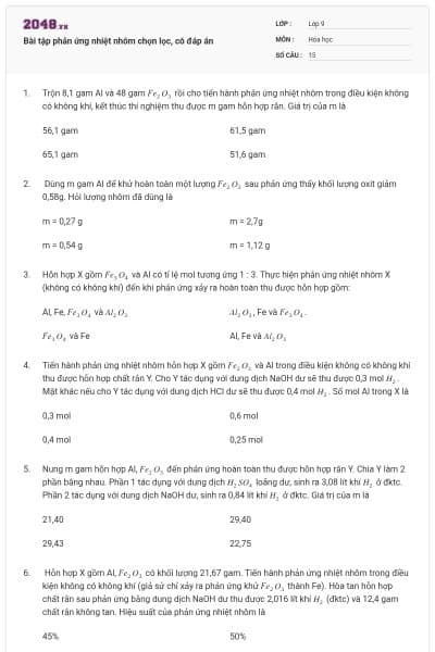 Bài tập phản ứng nhiệt nhôm chọn lọc, có đáp án