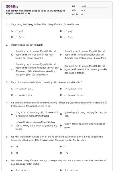 524 Bài trắc nghiệm Dao động cơ từ đề thi thử cực hay có lời giải chi tiết(Đề số 9)