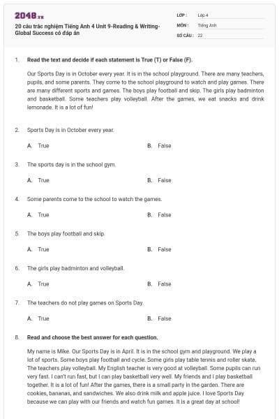 20 câu trắc nghiệm Tiếng Anh 4 Unit 9-Reading & Writing- Global Success có đáp án