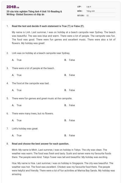 20 câu trắc nghiệm Tiếng Anh 4 Unit 10-Reading & Writing- Global Success có đáp án