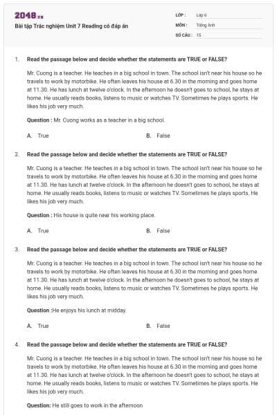 Bài tập Trắc nghiệm Unit 7 Reading có đáp án