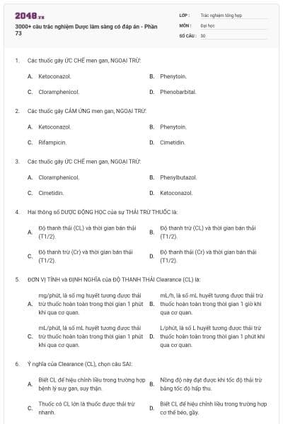 3000+ câu trắc nghiệm Dược lâm sàng có đáp án - Phần 73