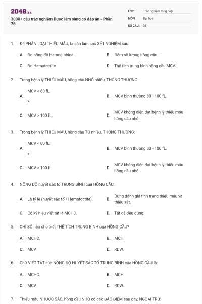 3000+ câu trắc nghiệm Dược lâm sàng có đáp án - Phần 76