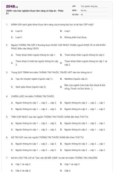 3000+ câu trắc nghiệm Dược lâm sàng có đáp án - Phần 81
