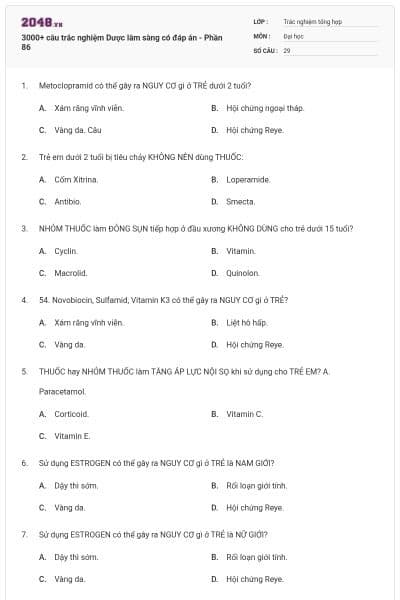 3000+ câu trắc nghiệm Dược lâm sàng có đáp án - Phần 86