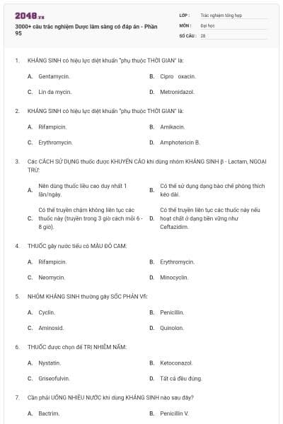 3000+ câu trắc nghiệm Dược lâm sàng có đáp án - Phần 95