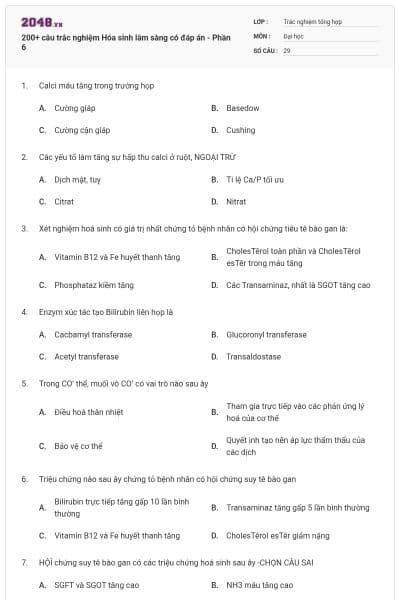 200+ câu trắc nghiệm Hóa sinh lâm sàng có đáp án - Phần 6