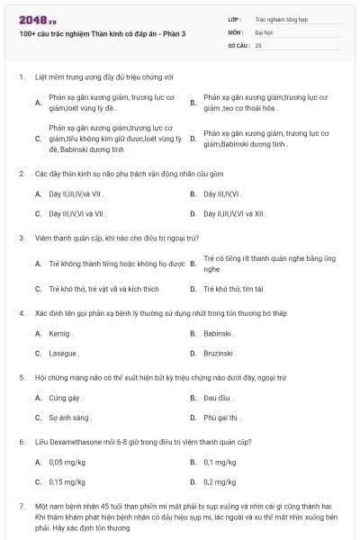 100+ câu trắc nghiệm Thần kinh có đáp án - Phần 3
