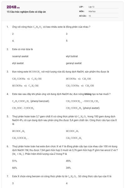15 Câu trắc nghiệm Este có đáp án