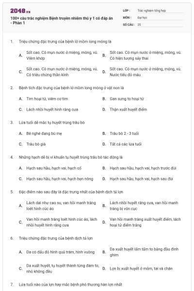 100+ câu trắc nghiệm Bệnh truyền nhiễm thú y 1 có đáp án - Phần 1