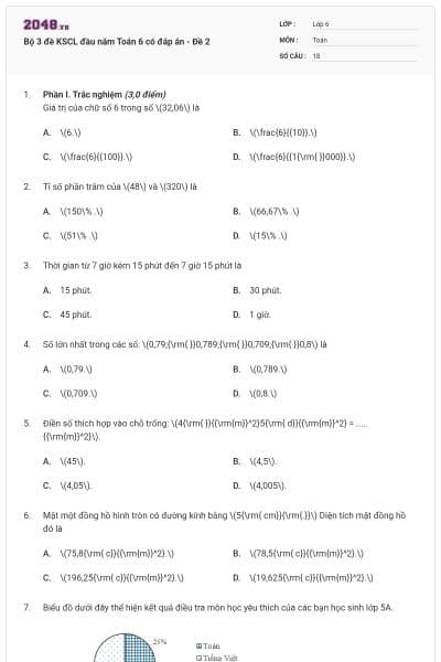 Bộ 3 đề KSCL đầu năm Toán 6 có đáp án - Đề 2