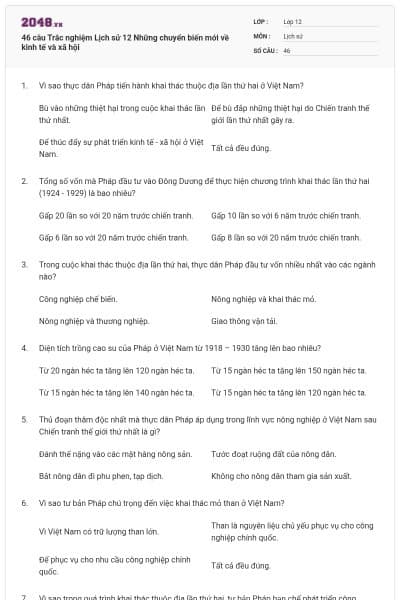 46 câu Trắc nghiệm Lịch sử 12 Những chuyển biến mới về kinh tế và xã hội