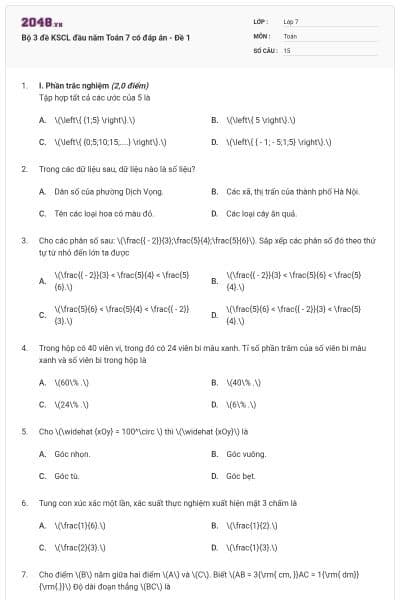 Bộ 3 đề KSCL đầu năm Toán 7 có đáp án - Đề 1