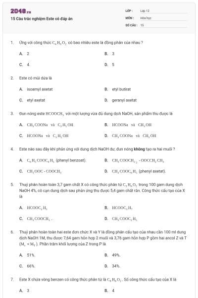 15 Câu trắc nghiệm Este có đáp án