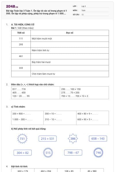 Bài tập Toán lớp 3 Tuần 1. Ôn tập về các số trong phạm vi 1 000. Ôn tập về phép cộng, phép trừ trong phạm vi 1 000. Tìm số hạng trong một tổng có đáp án