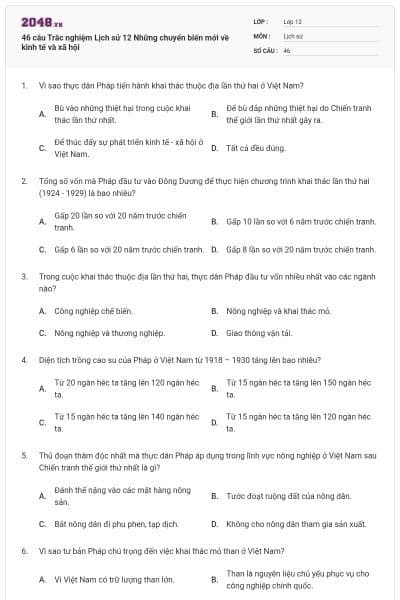 46 câu Trắc nghiệm Lịch sử 12 Những chuyển biến mới về kinh tế và xã hội
