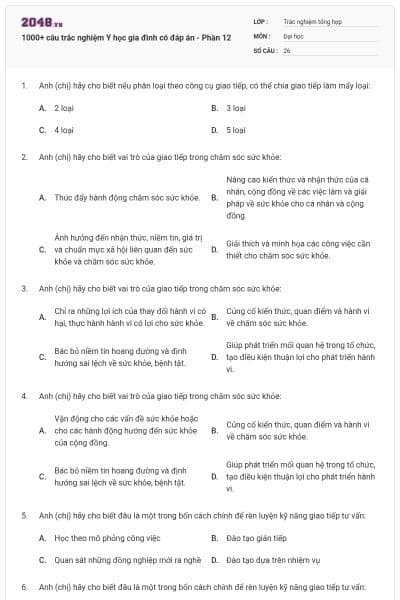 1000+ câu trắc nghiệm Y học gia đình có đáp án - Phần 12