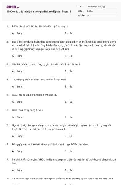 1000+ câu trắc nghiệm Y học gia đình có đáp án - Phần 13