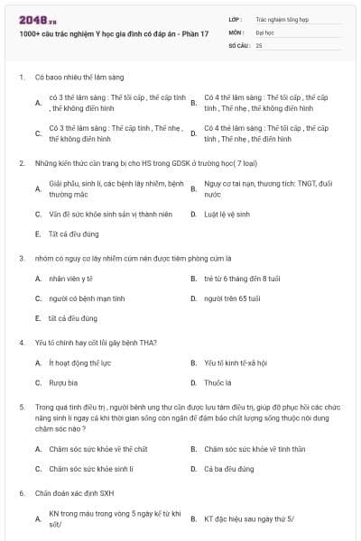 1000+ câu trắc nghiệm Y học gia đình có đáp án - Phần 17