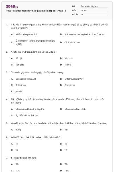 1000+ câu trắc nghiệm Y học gia đình có đáp án - Phần 18