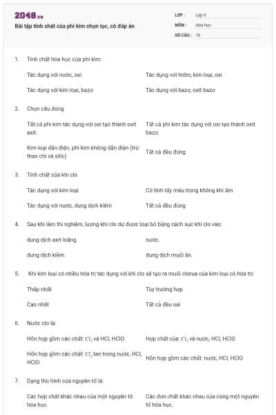 Bài tập tính chất của phi kim chọn lọc, có đáp án