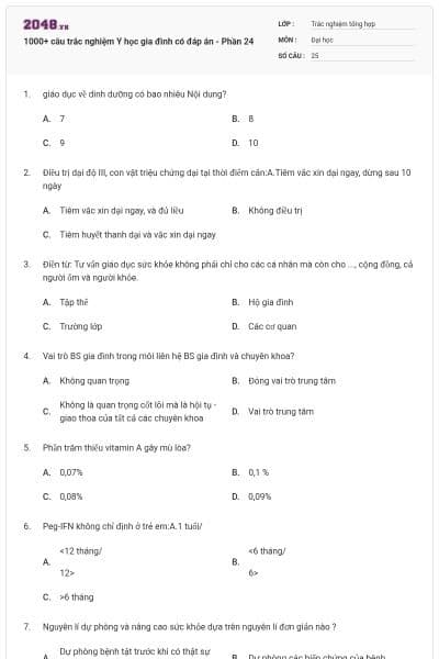 1000+ câu trắc nghiệm Y học gia đình có đáp án - Phần 24