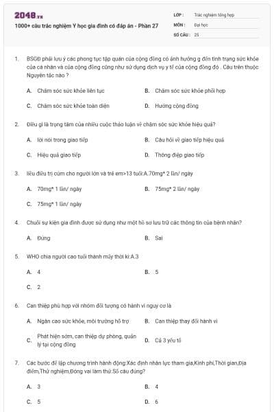 1000+ câu trắc nghiệm Y học gia đình có đáp án - Phần 27