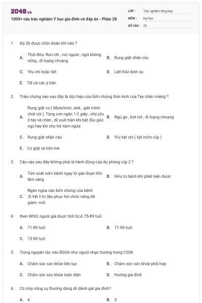 1000+ câu trắc nghiệm Y học gia đình có đáp án - Phần 28