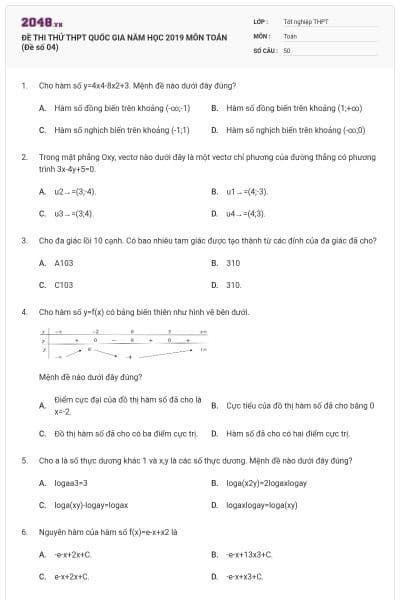 ĐỀ THI THỬ THPT QUỐC GIA NĂM HỌC 2019 MÔN TOÁN (Đề số 04)