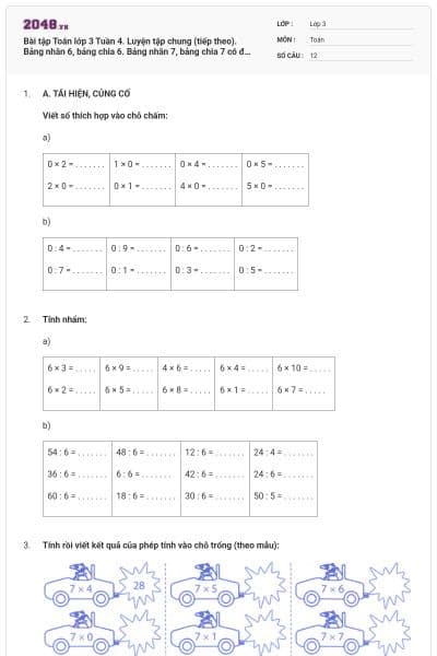 Bài tập Toán lớp 3 Tuần 4. Luyện tập chung (tiếp theo). Bảng nhân 6, bảng chia 6. Bảng nhân 7, bảng chia 7 có đáp án