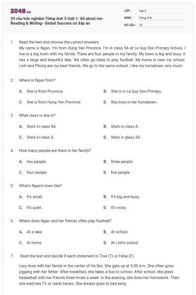 20 câu trắc nghiệm Tiếng Anh 5 Unit 1: All about me-Reading & Writing- Global Success có đáp án