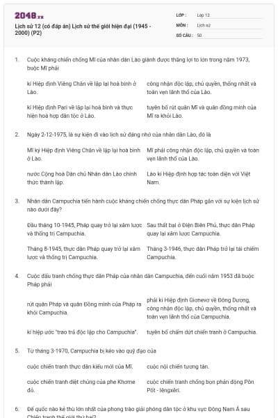 Lịch sử 12 (có đáp án) Lịch sử thế giới hiện đại (1945 - 2000) (P2)