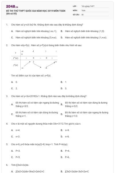 ĐỀ THI THỬ THPT QUỐC GIA NĂM HỌC 2019 MÔN TOÁN (Đề số 05)