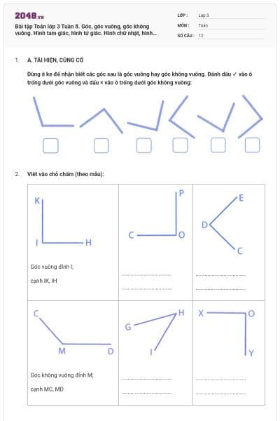 Bài tập Toán lớp 3 Tuần 8. Góc, góc vuông, góc không vuông. Hình tam giác, hình tứ giác. Hình chữ nhật, hình vuông. Thực hành vẽ góc vuông, vẽ đường tròn, hình vuông, hình chữ nhật và vẽ trang trí có đáp án