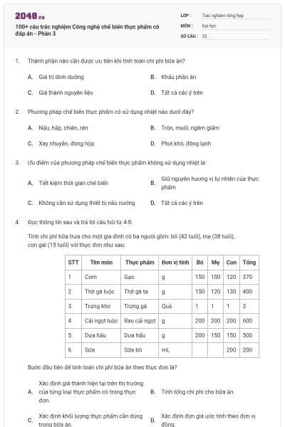 100+ câu trắc nghiệm Công nghệ chế biến thực phẩm có đáp án - Phần 3