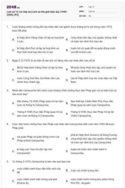 Lịch sử 12 (có đáp án) Lịch sử thế giới hiện đại (1945 - 2000) (P2)