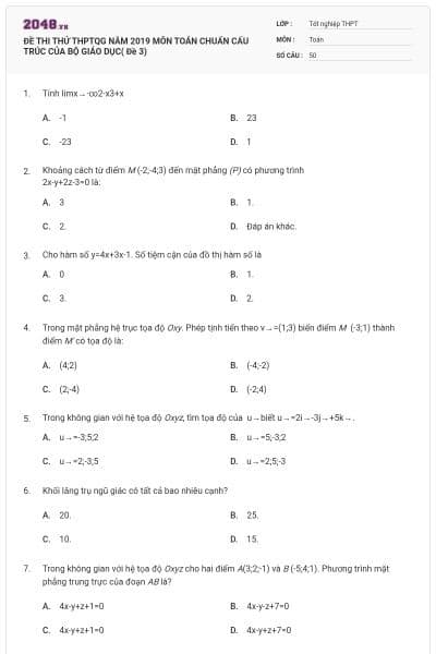 ĐỀ THI THỬ THPTQG NĂM 2019 MÔN TOÁN CHUẨN CẤU TRÚC CỦA BỘ GIÁO DỤC( Đề 3)