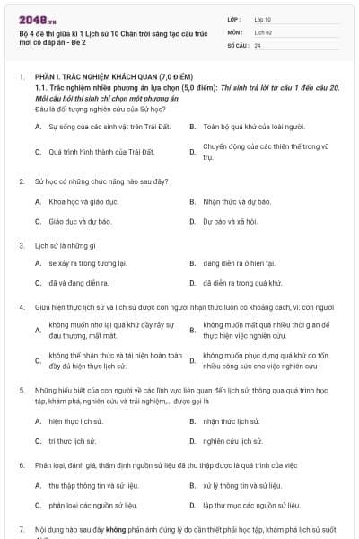 Bộ 4 đề thi giữa kì 1 Lịch sử 10 Chân trời sáng tạo cấu trúc mới có đáp án - Đề 2